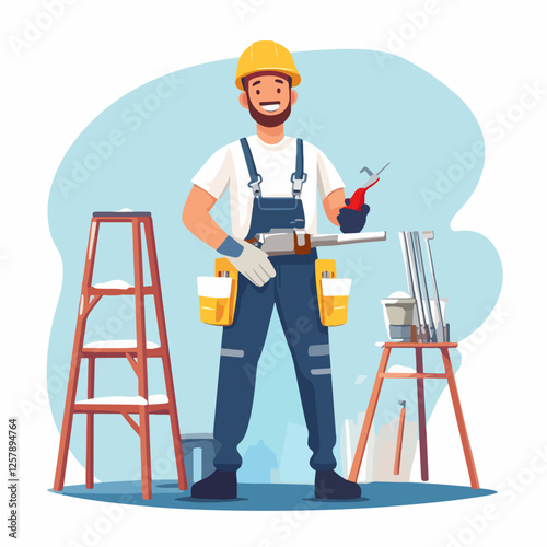 Illustration of a worker doing repairs in a house. Builder. Repairman.