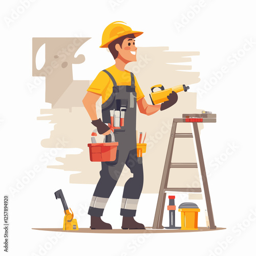 Illustration of a worker doing repairs in a house. Builder. Repairman.