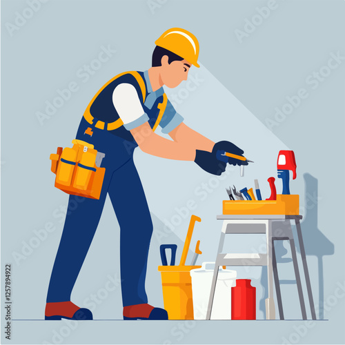 Illustration of a worker doing repairs in a house. Builder. Repairman.