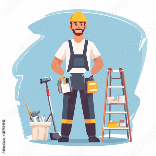 Illustration of a worker doing repairs in a house. Builder. Repairman.