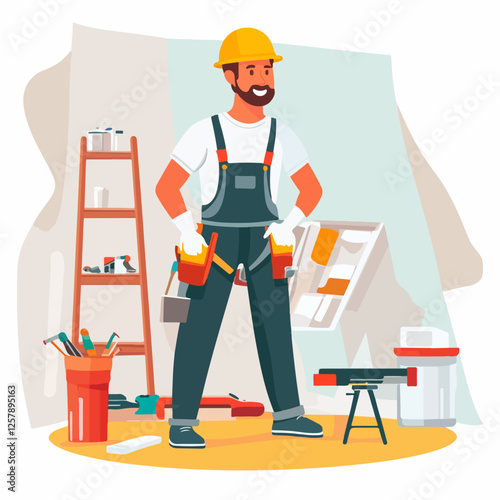 Illustration of a worker doing repairs in a house. Builder. Repairman.