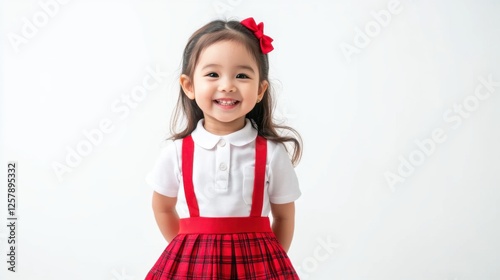 adorable little girl in red plaid skirt and white shirt photo