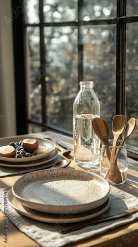 Minimalist rustic breakfast table setting, natural morning light dining decor, cozy sustainable kitchen with wooden utensils