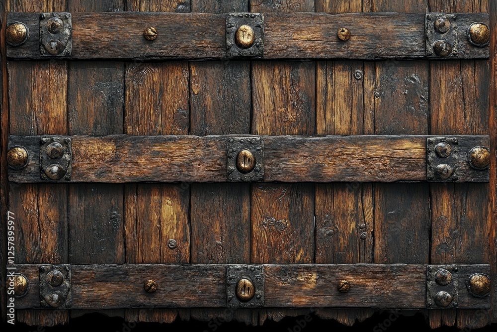 Rustic wooden door with metal accents displaying intricate craftsmanship in a historical setting Rustic wooden door with metal accents displaying intricate craftsmanship in a historical setting