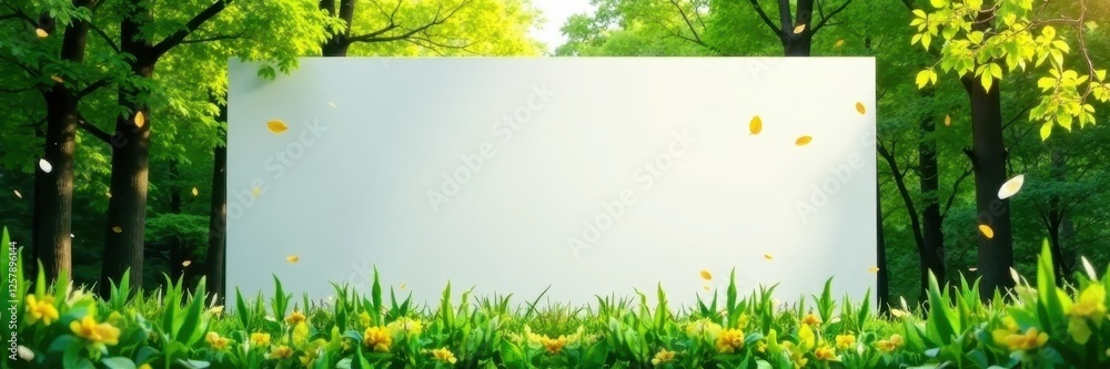 Green foliage with scattered leaves, a large white billboard stands out against the lush spring landscape background, outdoors, background Green foliage with scattered leaves, a large white billboard stands out against the lush spring landscape background, outdoors, background