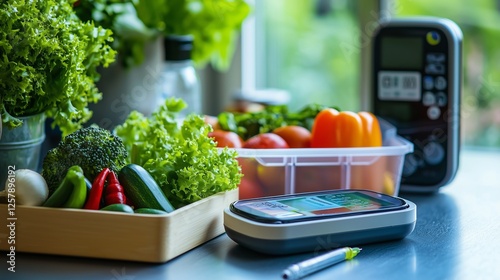 Digital glucometer and lancet pen beside fresh vegetables, symbolizing healthy eating and diabetes management.