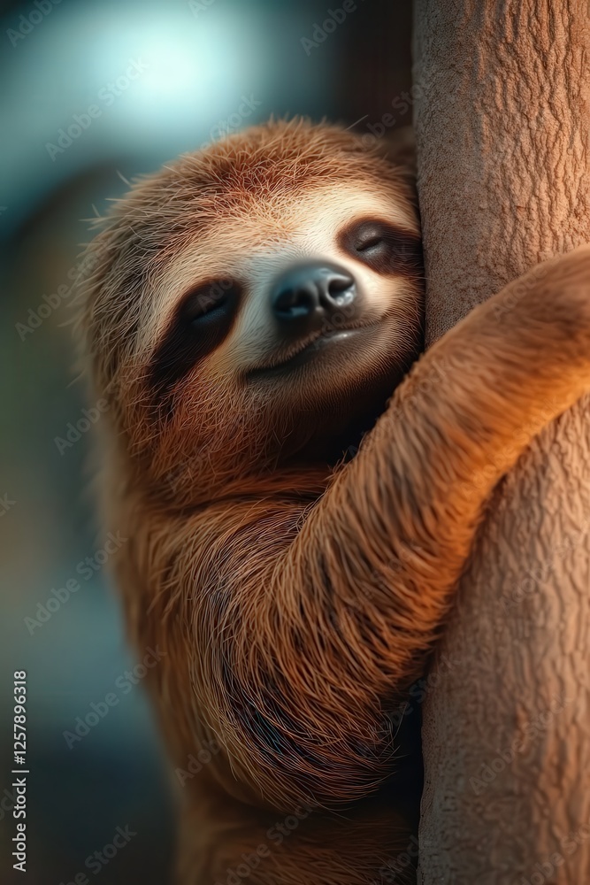 Fototapeta premium Sloth relaxing on tree branch tropical forest animal photography natural habitat close-up wildlife conservation