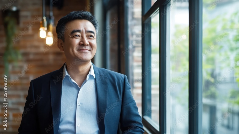 Fototapeta premium confident asian businessman looking out window