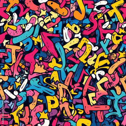 Wallpaper Mural A graffiti-style doodle pattern featuring exaggerated, hand-drawn letters in bold, cartoonish fonts, mixed with tiny stars and swirls. Torontodigital.ca