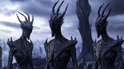Three dark alien figures stand against a cloudy sky on an unknown planet with strange dark structures