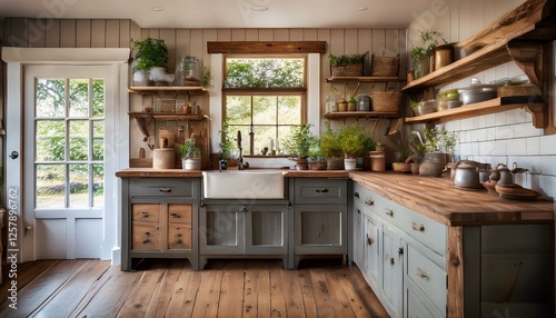 Rustic farmhouse kitchen: Open shelving, reclaimed wood, farmhouse sink, and vintage accents for a cozy vibe. photo