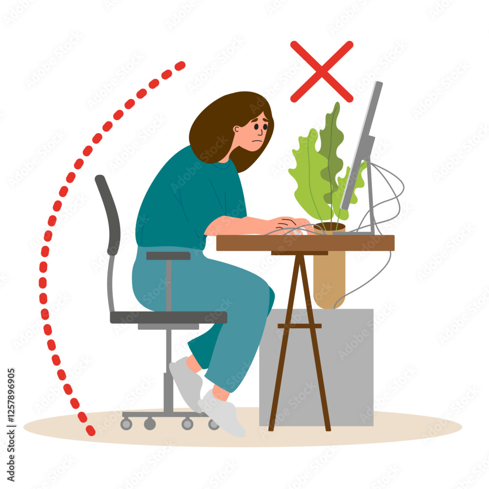 Bad wrong incorrect posture for sitting at computer desk. Wrong flowerpot and wires located. Wrong back, neck and legs poses of woman at workplace. Vector Bad wrong incorrect posture for sitting at computer desk. Wrong flowerpot and wires located. Wrong back, neck and legs poses of woman at workplace. Vector