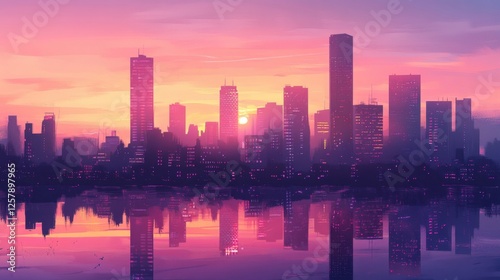 Modern cityscape with office towers reflecting the pink and purple hues of sunset