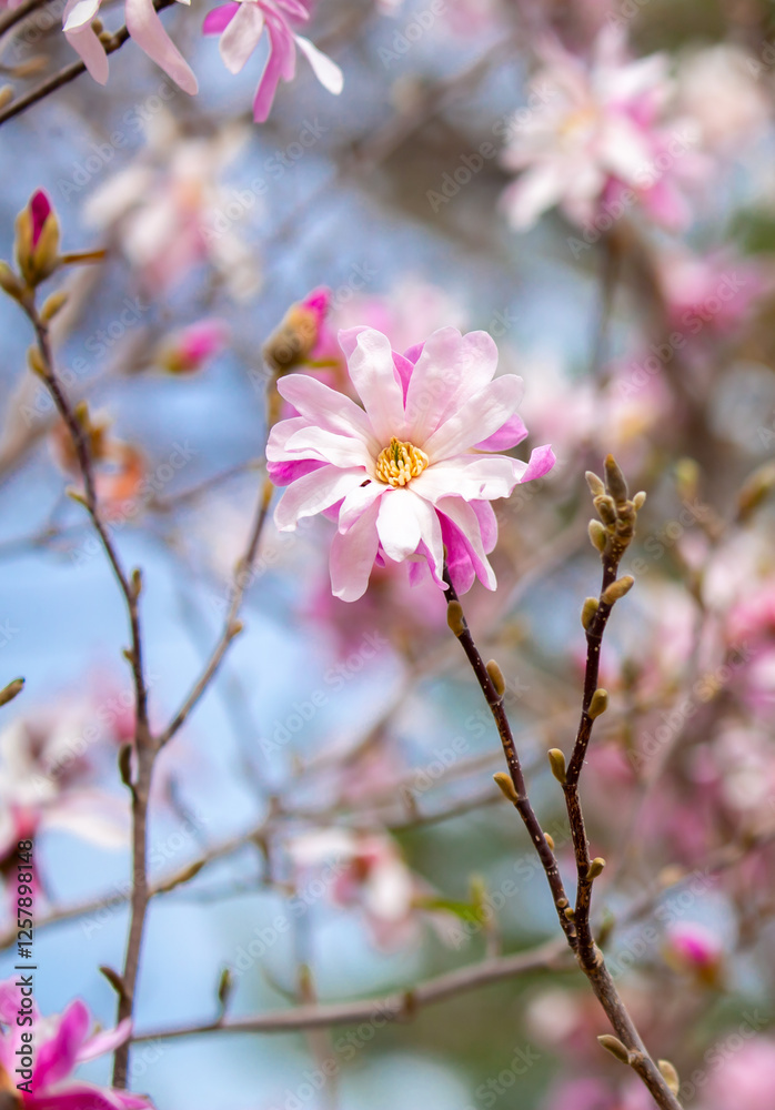 Blooming magnolia in spring. Beautiful buds of pink flowers close-up with blurred space for text. Blooming magnolia in spring. Beautiful buds of pink flowers close-up with blurred space for text.