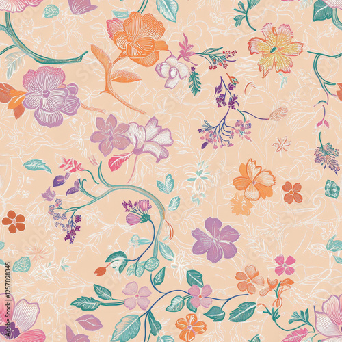 A hanbok fabric pattern with intricate floral embroidery and pastel colors