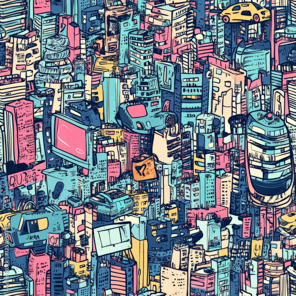 Obraz premium A seamless futuristic cityscape doodle pattern with tiny hand-sketched skyscrapers, flying cars, and holographic billboards, all drawn with a spontaneous, energetic feel.