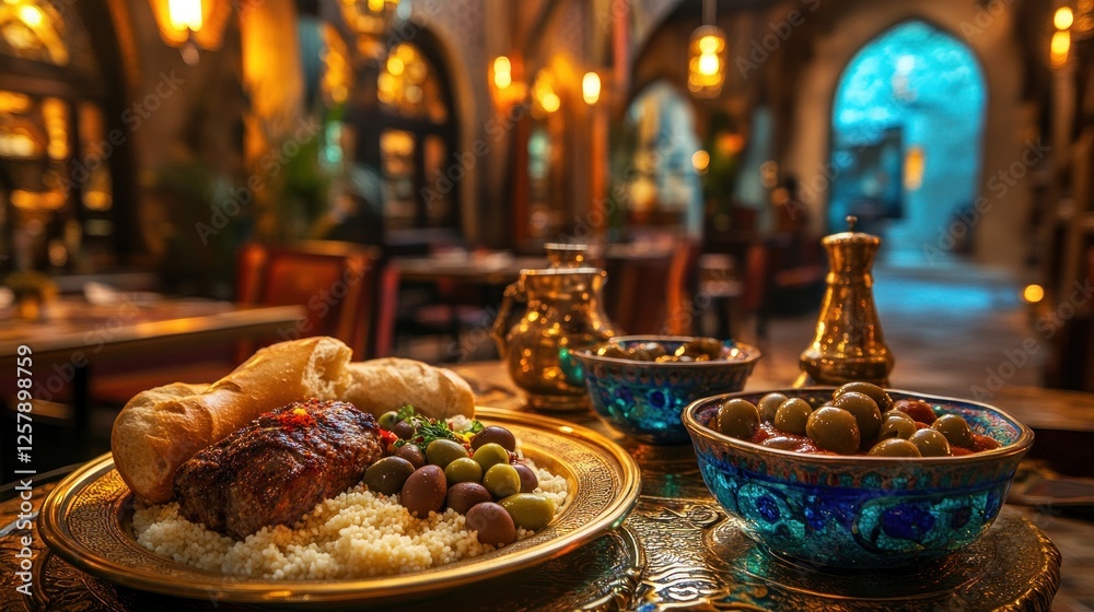 Fototapeta premium Moroccan restaurant meal, couscous, olives, warm interior