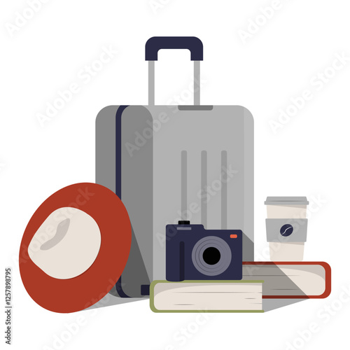 Travel Essentials With Suitcase, Camera, And Accessories In Flat Vector Illustration Symbolizing Vacation, Adventure, And Tourism, Isolated On White Background