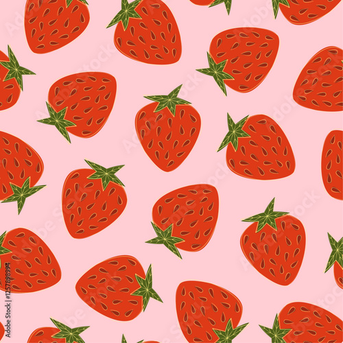 Pink vector pattern with red strawberries. Strawberry ornament.