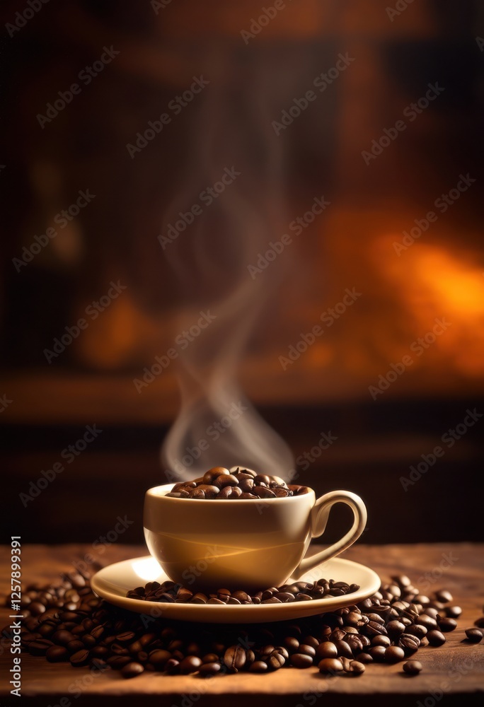 Fototapeta premium close roasted coffee beans featuring vibrant steam swirls creating warm inviting scene, aroma, dark, light, organic, beverage, cup, barista, blend, ground