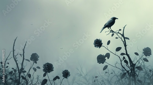 A crow sits atop a thorny rosebush in a misty, gothic-inspired setting.