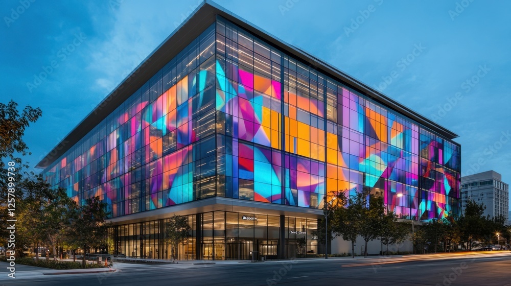 Obraz premium Office building with AI-controlled glass panels that change patterns dynamically