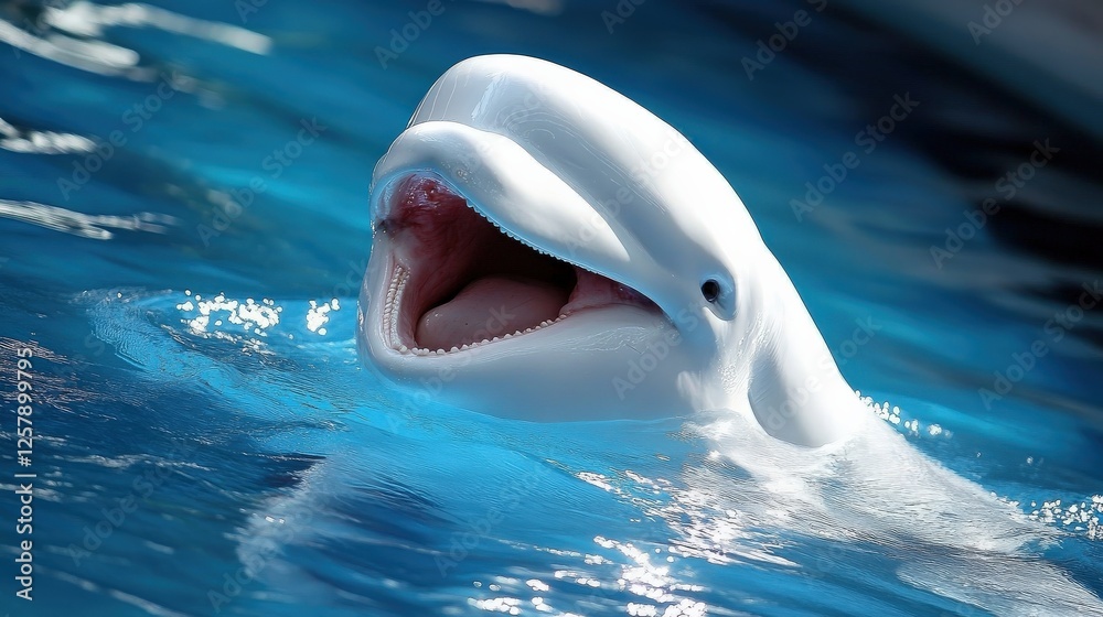 Obraz premium Beluga Whale Swimming in Aquarium Tank. Captive Friendly Mammal in Nature