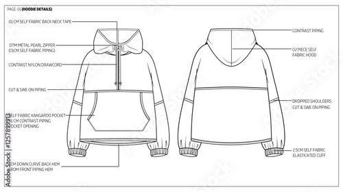 Drop Shoulder Zip Through Outerwear nylon  Hoodie Fashion Design Technical Tech Pack. 
