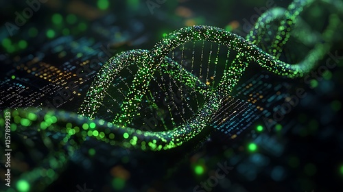 Digital DNA: A mesmerizing digital rendering of a DNA double helix, illuminated in glowing green, pulsating with data and code, representing the intricacies of genetics and life.  