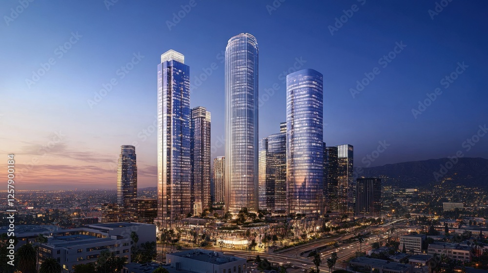 Obraz premium Office skyscrapers in Los Angeles during golden hour, elegant and modern architecture