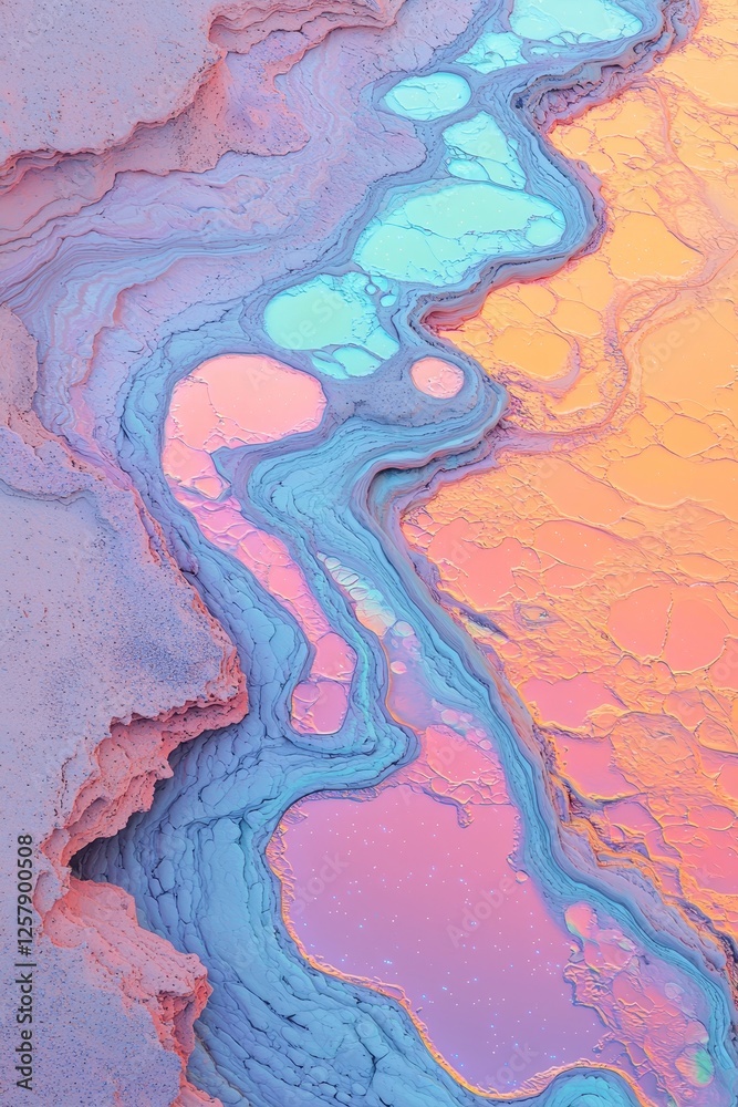 Fototapeta premium A high-resolution macro photograph captures an abstract pastel iridescent holographic foil background, featuring light leaks. The image highlights wrinkled holo-colored material with a cool, glittery