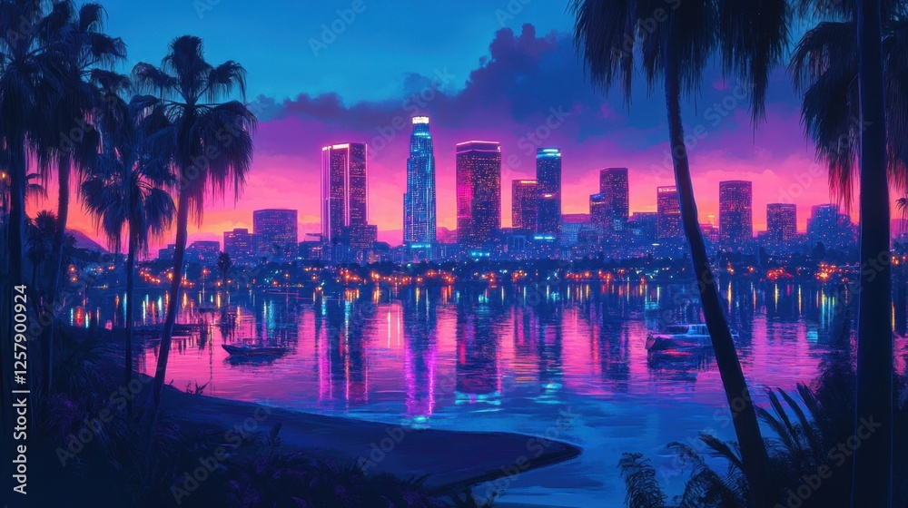 Obraz premium Panoramic view of LA skyline with surreal lighting, blending vibrant neon and natural colors