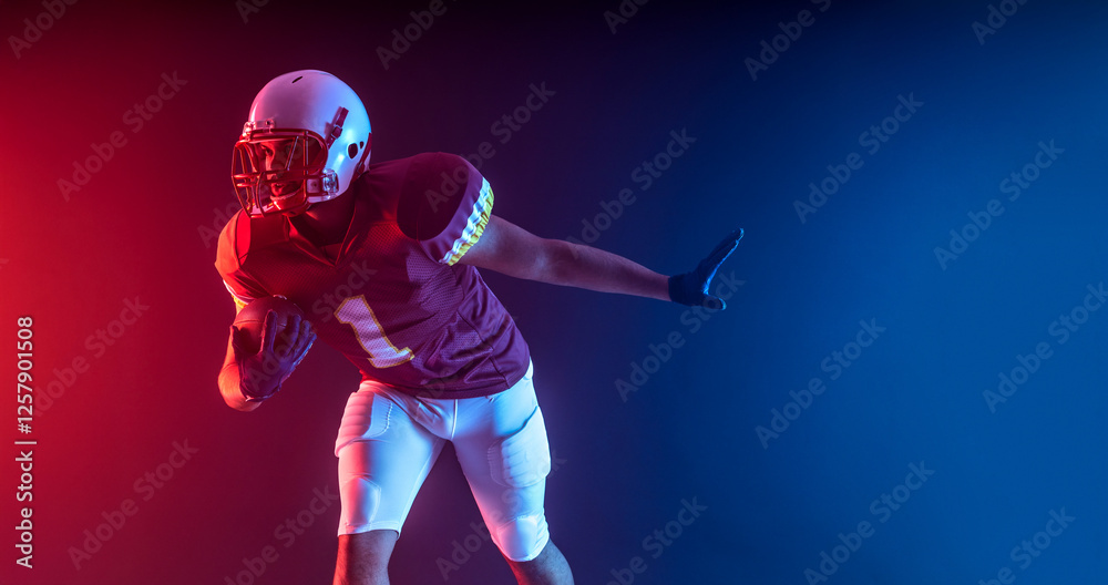 Naklejka premium American football player banner with neon colors. Template for bookmaker ads with copy space. Mockup for betting advertisement. Sports betting, football betting, gambling, bookmaker, big win