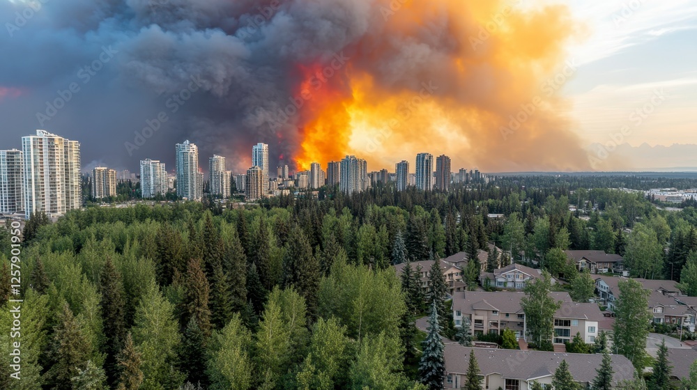 Obraz premium High angle view of a city enveloped by smoke. Dense smoke plumes rise above the city, contrasting with the greenery and rooftops below. Buildings of