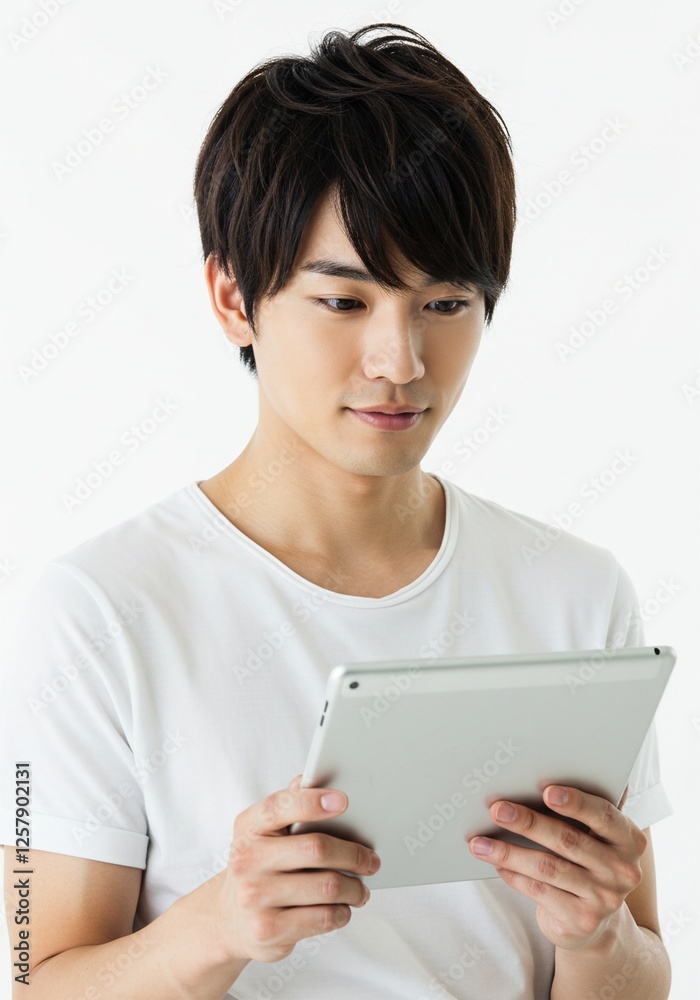 Young man using digital tablet wearing plain t-shirt isolated on white background Young man using digital tablet wearing plain t-shirt isolated on white background