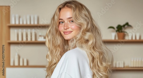 A close-up beauty shot of a laughing, half-naked Caucasian woman with long blonde hair set against a light brown background,展示ing her attractive adult girl expression and healthy skin