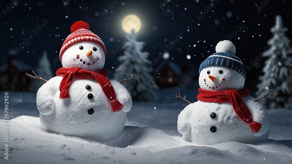 Fototapeta premium Snowmans on soft snow blue background