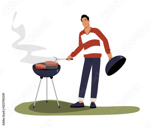 Male Character Grilling Meat On Barbecue In Flat Vector Illustration Symbolizing Outdoor Cooking, Picnic, And Summer Activities, Isolated On White Background