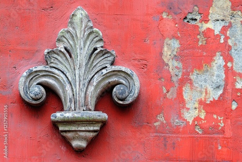 Decorative fleur de lis on a weathered red painted wall photo