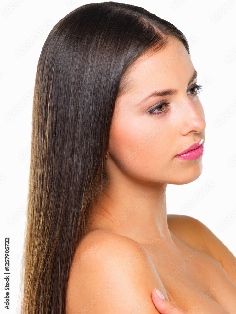 Naklejka premium Hair care, beauty and woman shine, wellness and confident person isolated on white studio background. Thinking, model and girl with healthy scalp, shampoo and volume with cosmetics, glow or treatment