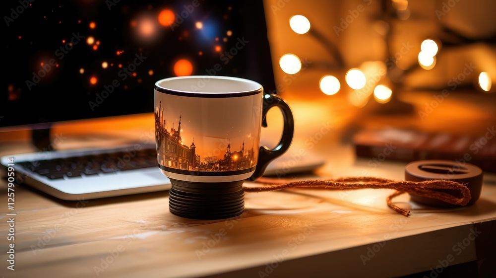 Obraz premium camera coffee mug on desk