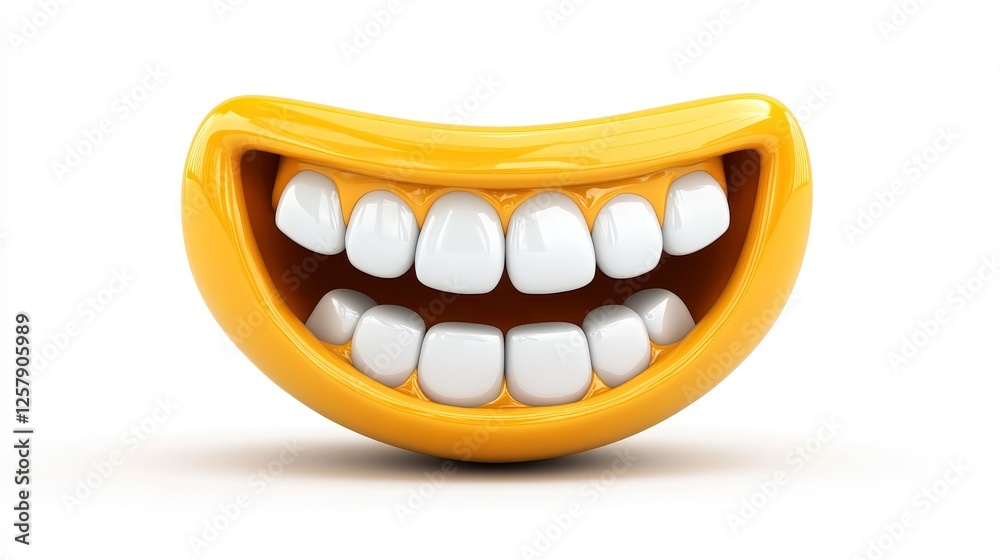 Close up of a cartoonishly large, smiling mouth. The mouth is bright, glossy yellow with white, cartoonish teeth, wide open in a joyful expression. A Close up of a cartoonishly large, smiling mouth. The mouth is bright, glossy yellow with white, cartoonish teeth, wide open in a joyful expression. A