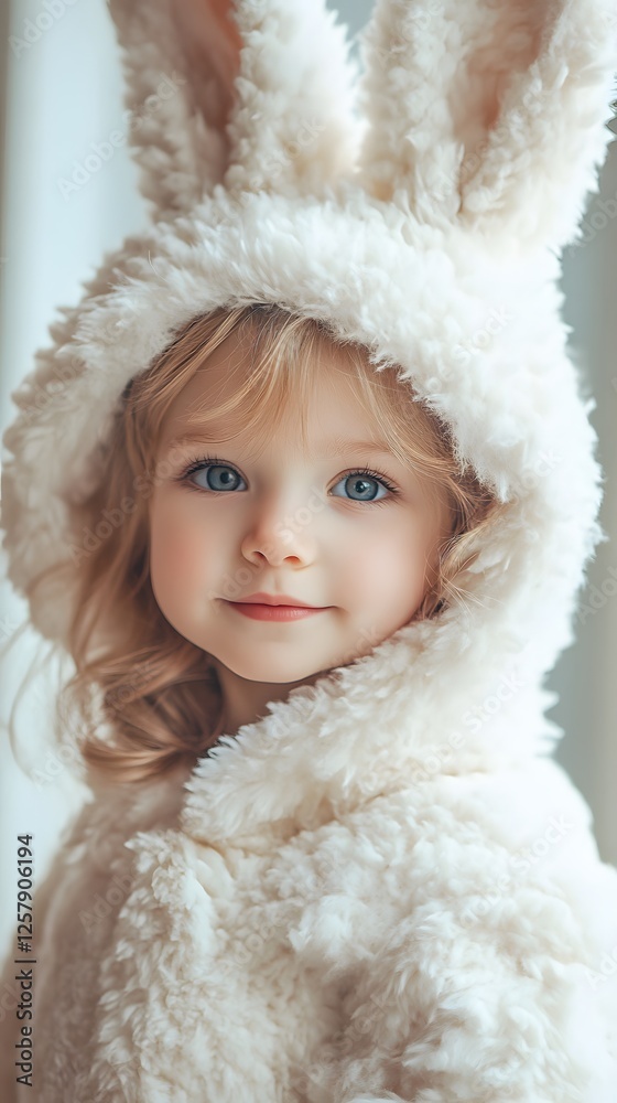 Adorable child in fluffy bunny costume, big blue eyes, golden curls and cozy winter outfit. Adorable child in fluffy bunny costume, big blue eyes, golden curls and cozy winter outfit.