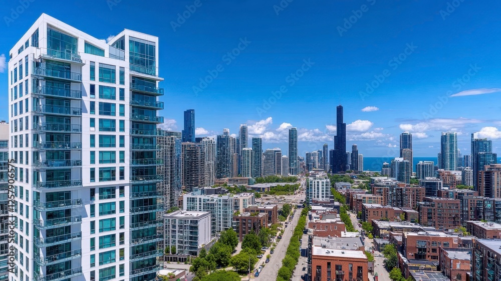 Fototapeta premium High angle view of modern and historic buildings in a city skyline, featuring tall apartment buildings and a street lined with trees and vegetation