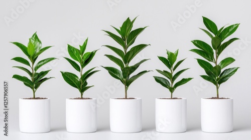 Growing plants in white pots, studio shot, growth stages, business metaphor