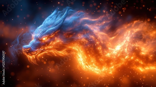 Fiery dragon, cosmic dust, fantasy art, game asset