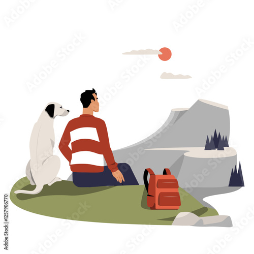 Male Character With Dog Watching Scenic Mountain View In Flat Vector Illustration Symbolizing Hiking, Outdoor Adventure, And Nature Exploration, Isolated On White Background