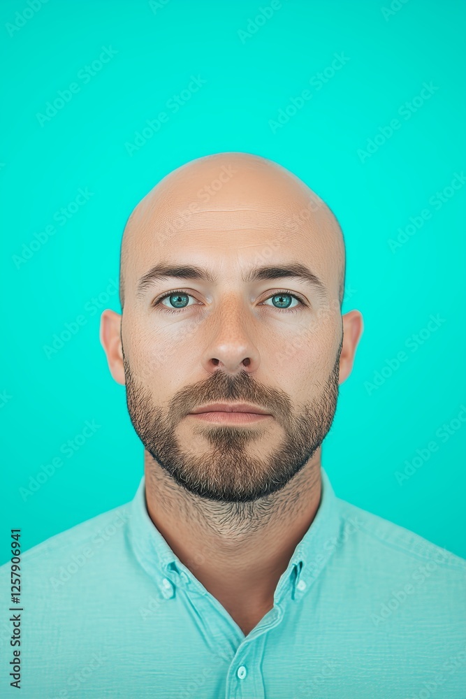 Close-up portrait of a bald man with a beard wearing a turquoise shirt, set against a matching plain background. Close-up portrait of a bald man with a beard wearing a turquoise shirt, set against a matching plain background.