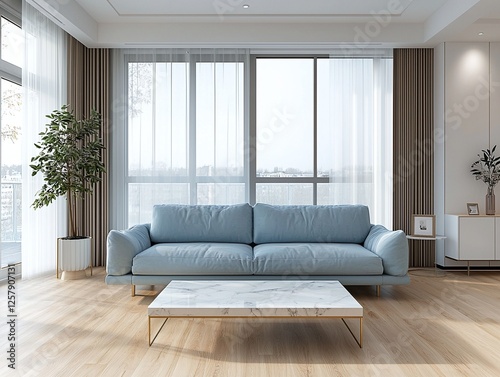 Modern minimalist interiors in residential living rooms with windows visible and sofas and tables. Generative AI
