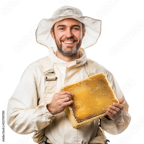 Smiling Caucasian male beekeeper holding honeycomb isolated on transparent white background